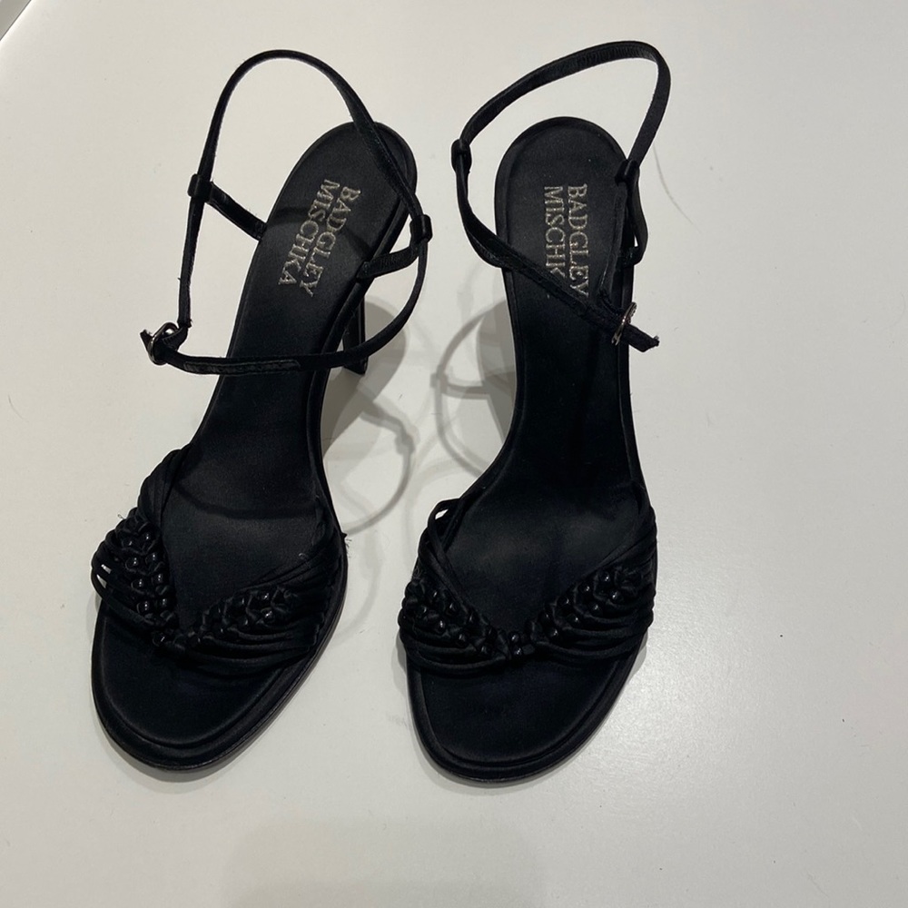Badgley Mischka Black Satin and beaded strappy sandal with wrapped heel Size 39